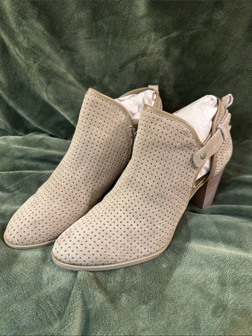 Franco Sarto Taupe Perforated Suede Block Heel Booties